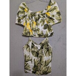 H&M 2 Tops/Shirts 100% Linen Cotton Sz S Women's Green Tropical / Lemons